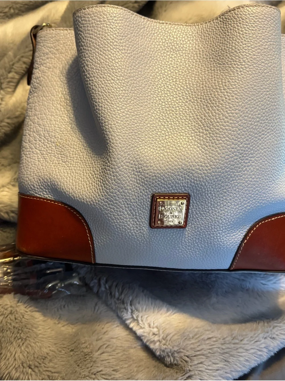 Dooney & Bourke Blue Pebble Leather Shoulder Bag with Brown Trim